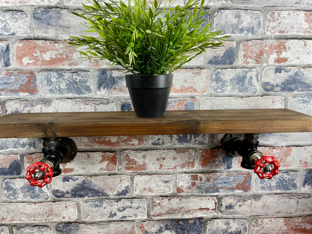 20cm x 10cm handmade industrial style shelf with metal pipework brackets and valves.

Made from solid wood and metal industrial style pipework, this unit is perfect for industrial or loft living style home decor and suitable to use anywhere around the home. Free UK delivery  by Splintered Furniture