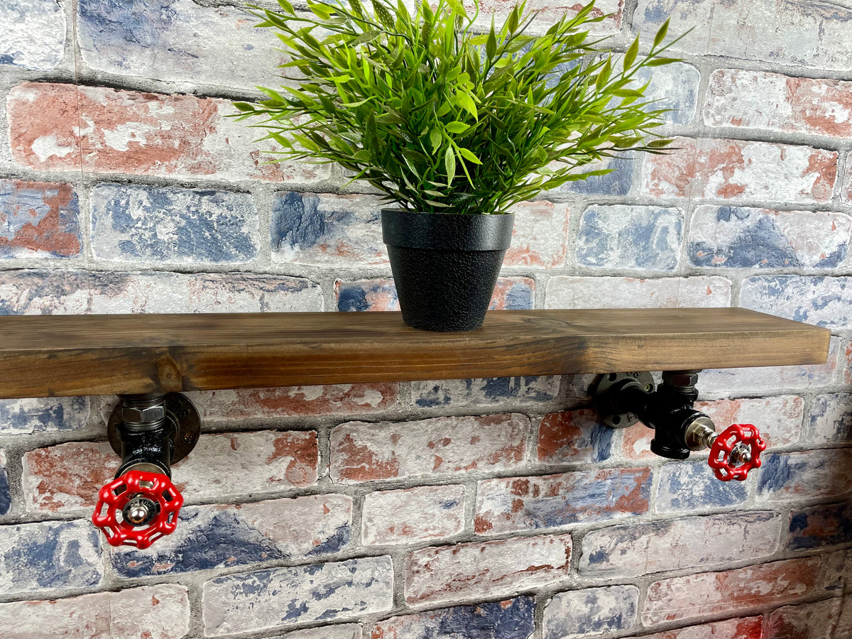 20cm x 10cm handmade industrial style shelf with metal pipework brackets and valves.

Made from solid wood and metal industrial style pipework, this unit is perfect for industrial or loft living style home decor and suitable to use anywhere around the home. Free UK delivery  by Splintered Furniture