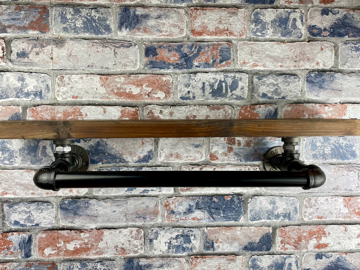 Handmade industrial style clothing rail with shelf.

Made from solid wood and metal industrial style pipework, this unit is perfect for industrial or loft living style bedrooms and hallways