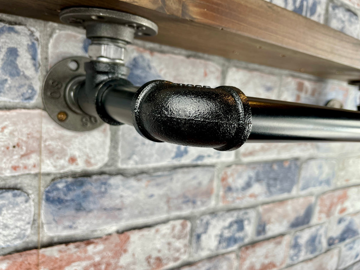 Handmade industrial style clothing rail with shelf.

Made from solid wood and metal industrial style pipework, this unit is perfect for industrial or loft living style bedrooms and hallways